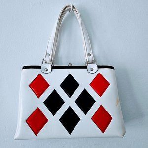 Vintage 60s-70s Harlequin Red, Navy and White Vinyl Purse